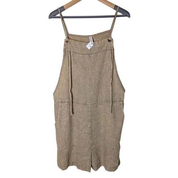 NWT Zenana Linen Blend Knot Brown Beige Overall Romper Shorts Women M Beachy - Picture 1 of 14